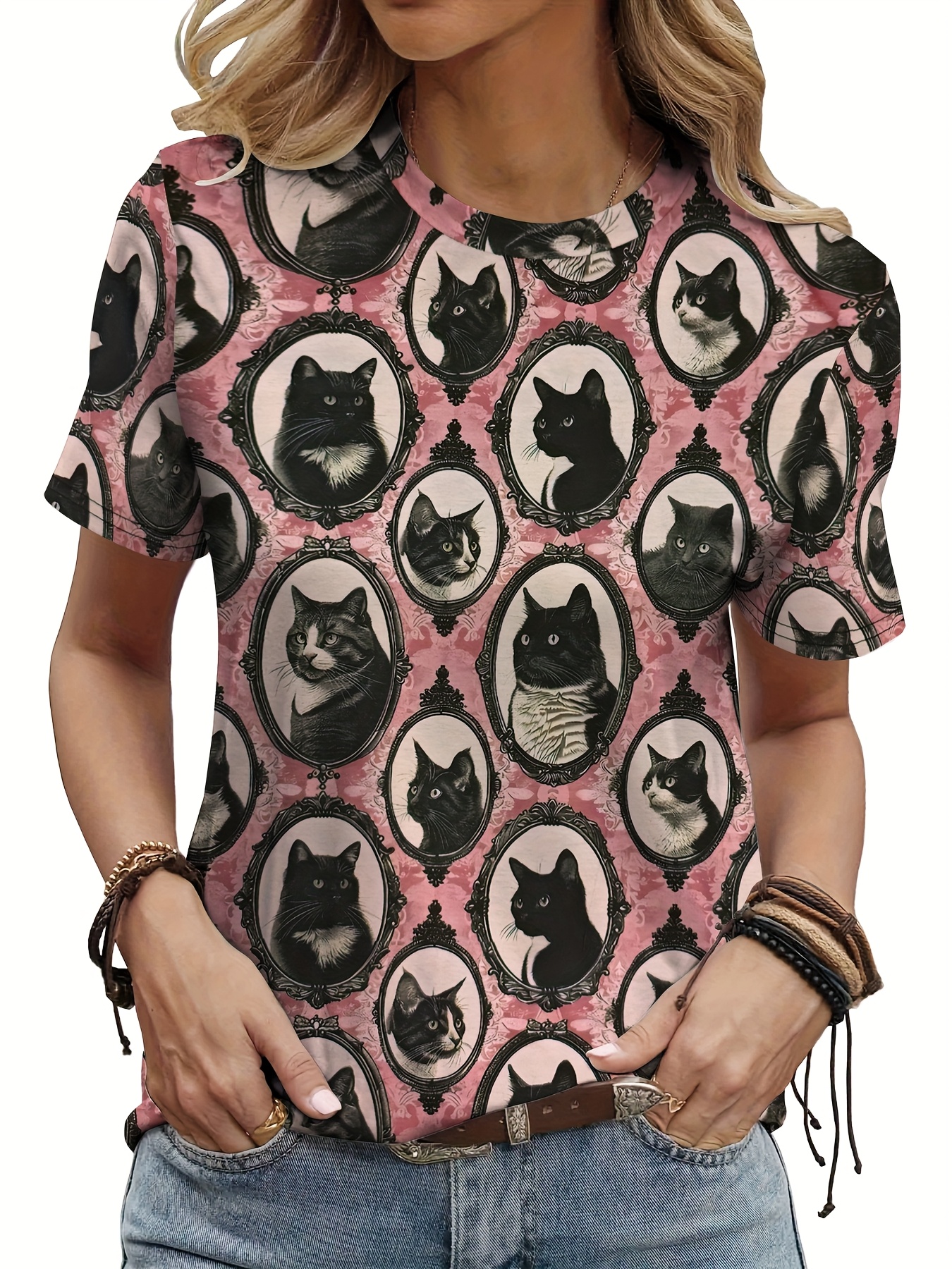 公式【1JINN STUDIO】Cat Dog Print Round-neck Short Sleeve T OSIGRANDI - Short-Sleeve Cat Print T-Shirt | YesStyle