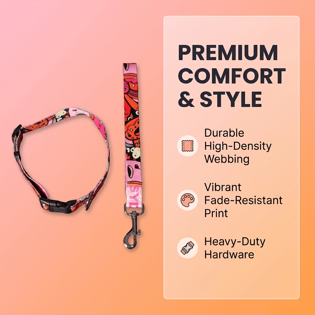 Trendy Cartoon Graffiti Dog Leash and Collar Set, Adjustable