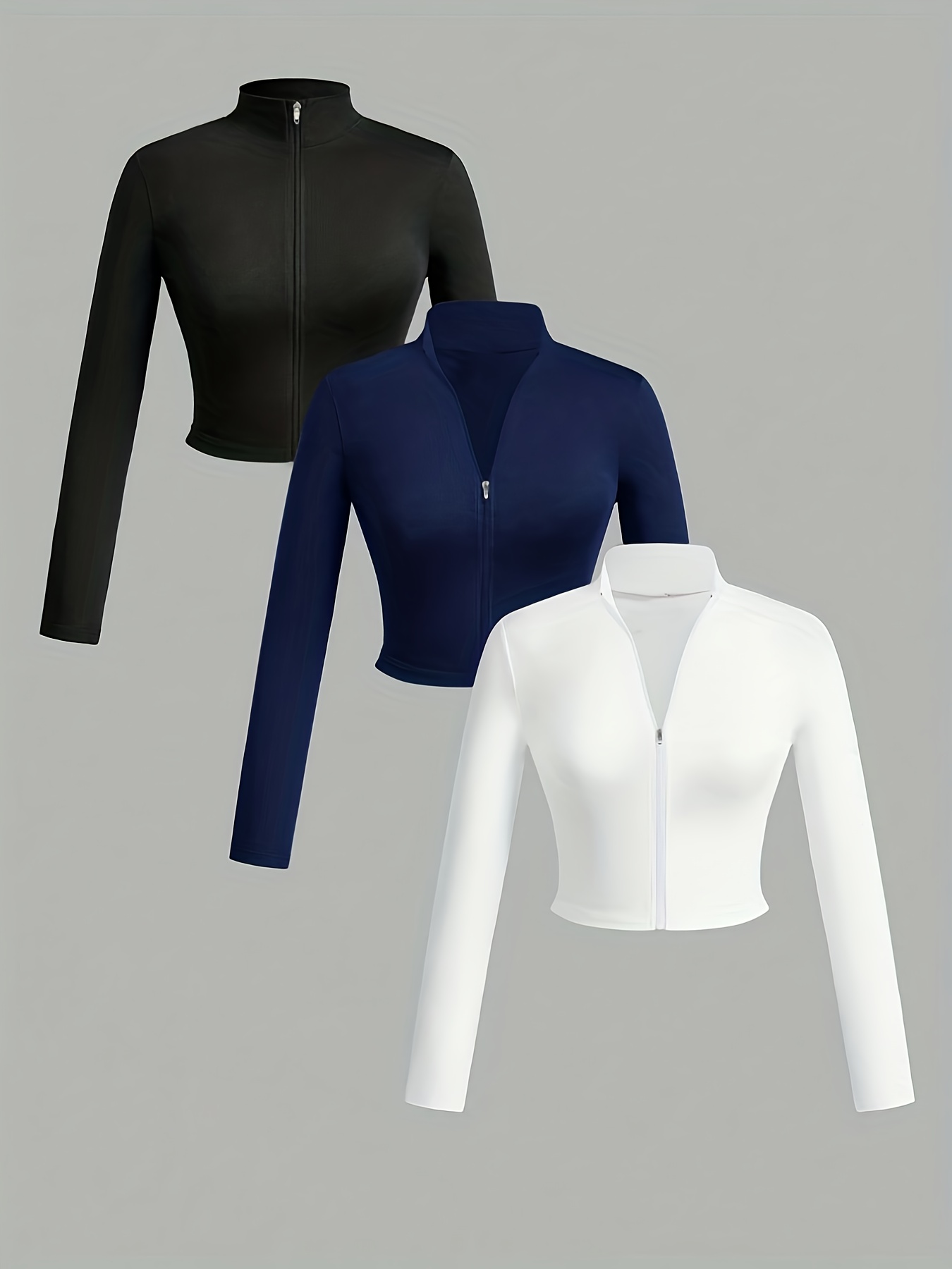 3pcs Set Women's Stretch Zip-Up Crop Top, Body-Hugging Tank Top, Sportswear, Casual Wear YT