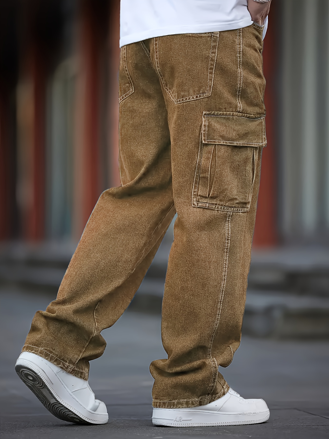 mens washed dark brown cargo jeans multi pocket - Temu Oman
