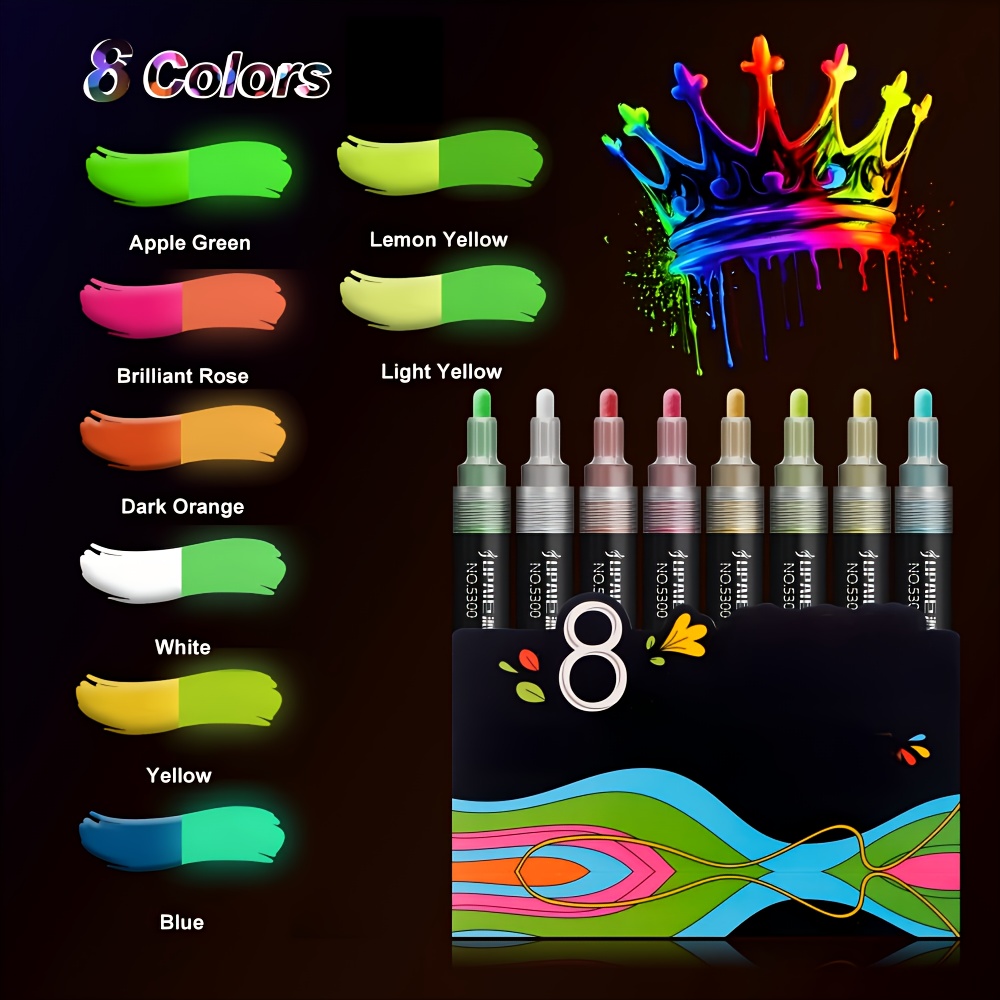 8--in-the-dark Highlighters Set | Bright, Long-lasting Glow & Fast-drying | For Christmas Decor, Holiday Crafts, Journal Doodling | Ideal For Party Ambiance & Greeting Card Embellishment