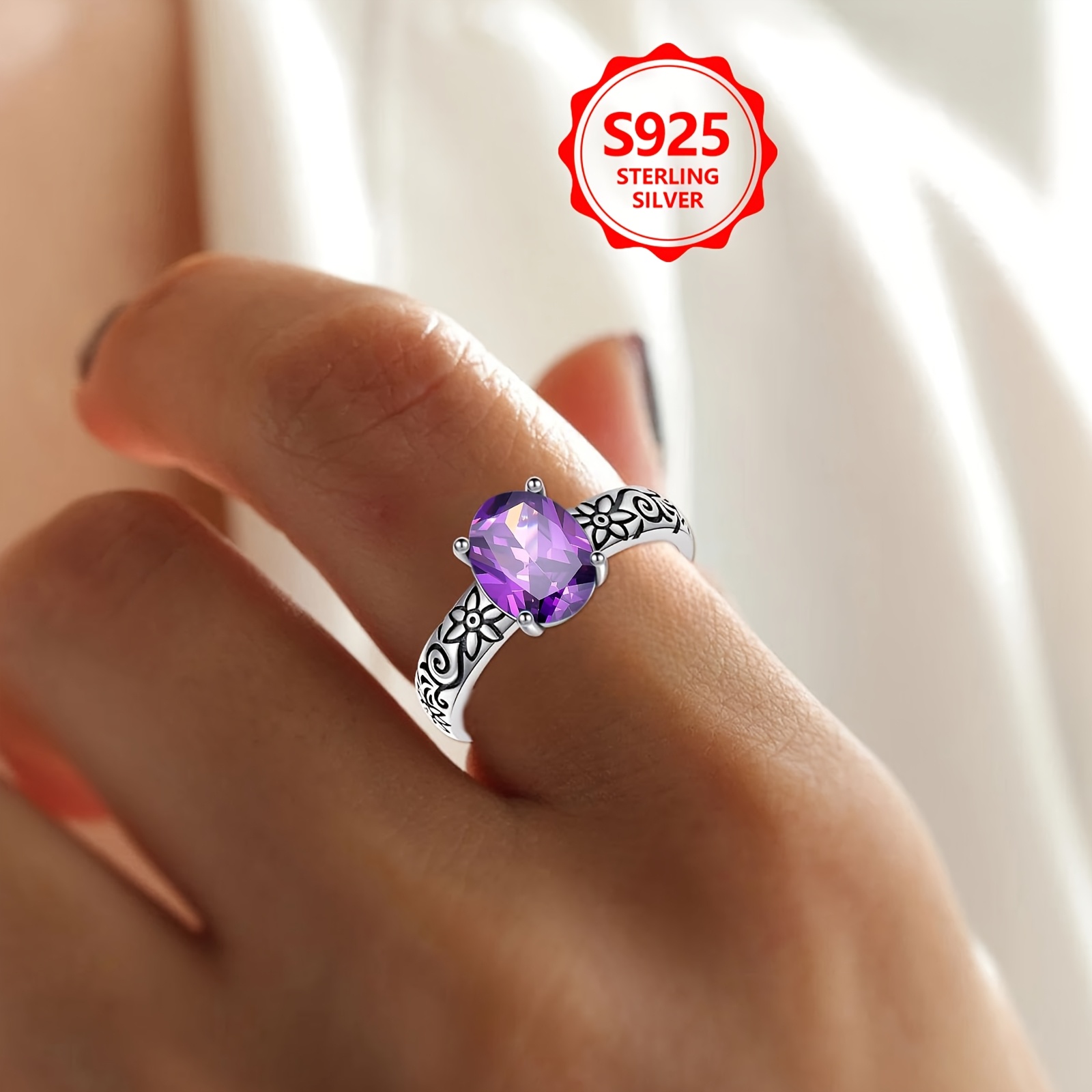 Women's 925 Sterling Silver Vintage Bohemian Oval Purple Zirconia Ring
