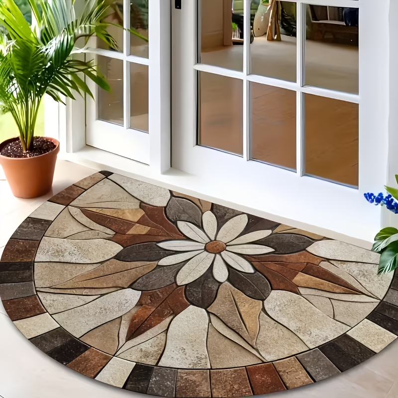 E-shop Blumenstein Fliesen Holzbraun Halbkreisliche Fußmatte, Maschinenwaschbare Türmatte für Innen und Außen, Geeignet für Eingangsbereich, Küche,