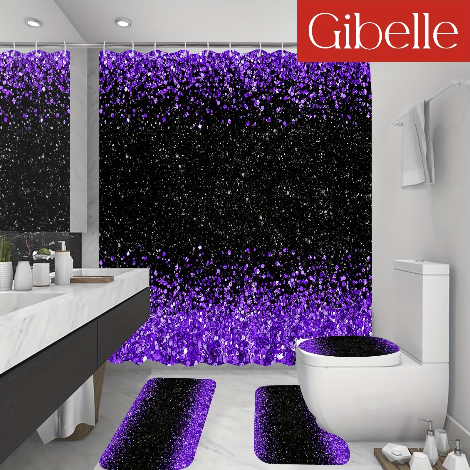 

Gibelle 1/4pcs Purple Diamond Shower Curtain Set - Repellent, Rug & - Aesthetic Decor For Bathroom - Accessories -