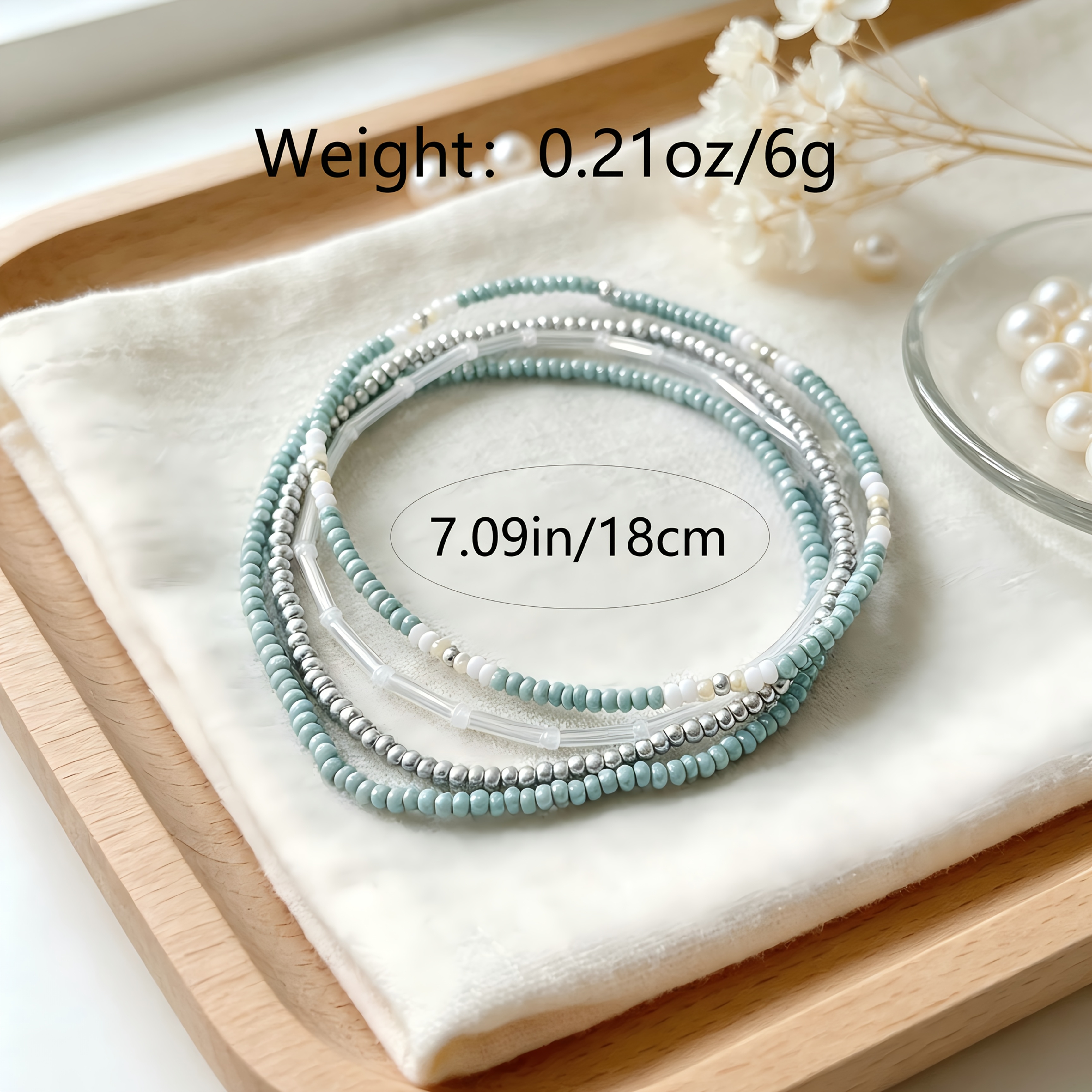 4pc Light Teal Blue Beaded Bracelet Set for Women