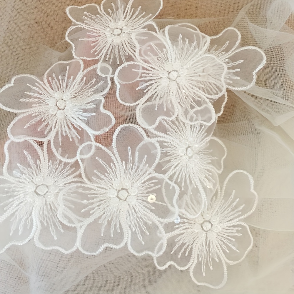 

5pcs White Beaded Flower Appliques, 3.15in, Patches For Wedding Dress Embellishment