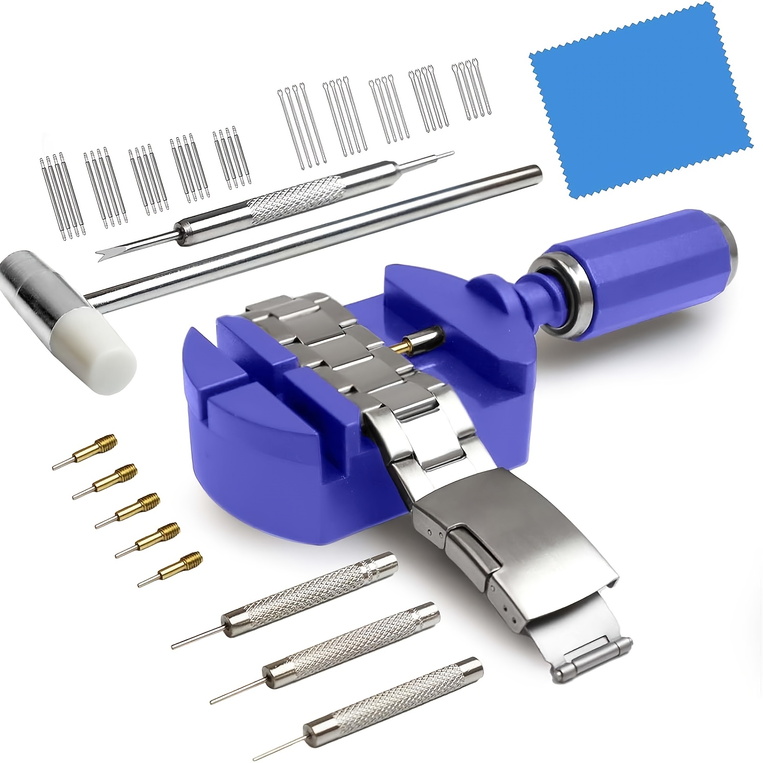 TEMU Jeu de 52 pièces d'outils de réparation de montres professionnels de luxe, comprenant des goupilles de fond, des marteaux, des tiges-ressorts,
