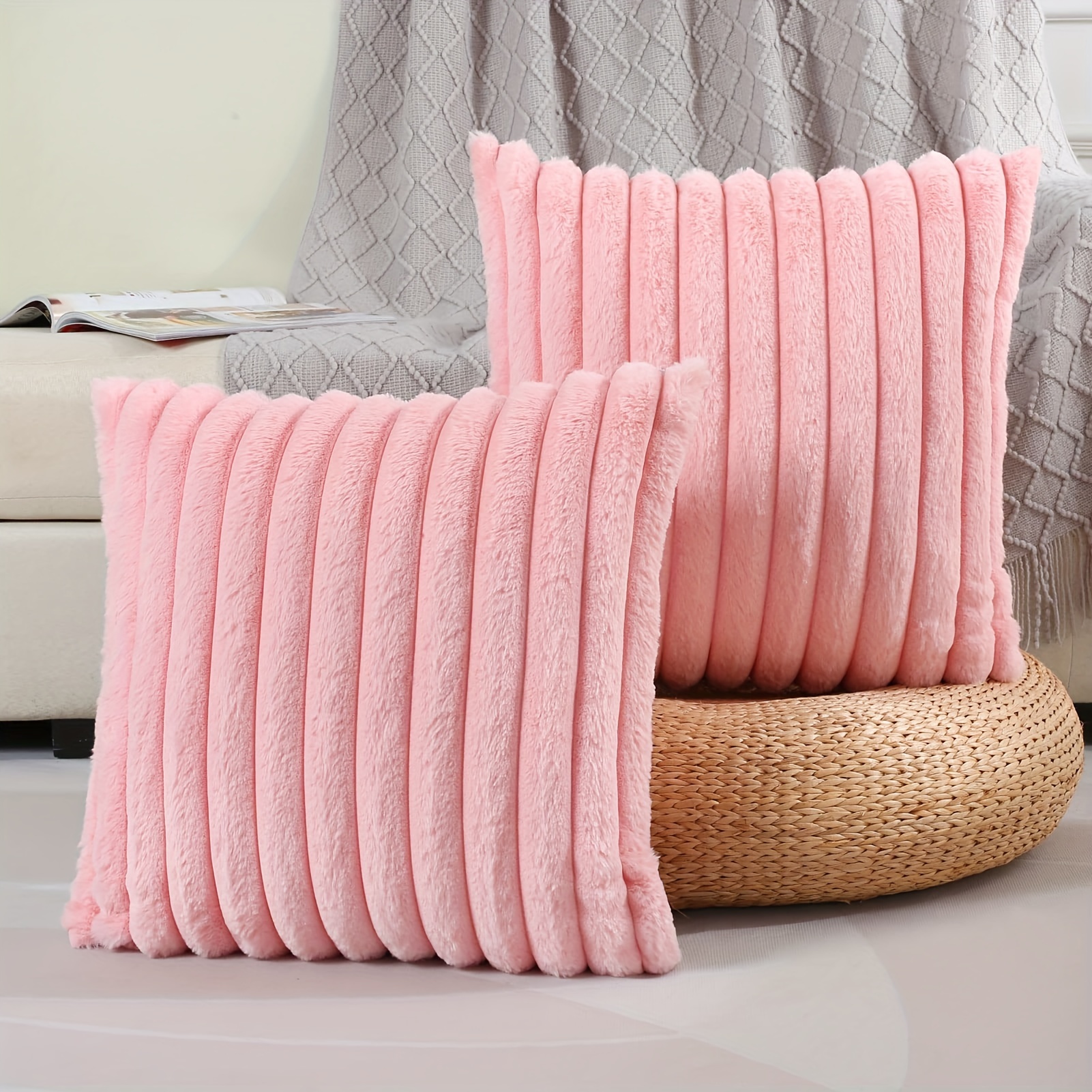 

Contemporary Striped Faux Fur Throw Pillow Cover 18x18 Inch, Hypoallergenic Knitted Fabric, Hand Washable Zippered Cushion Case For Living Room - Single Pack