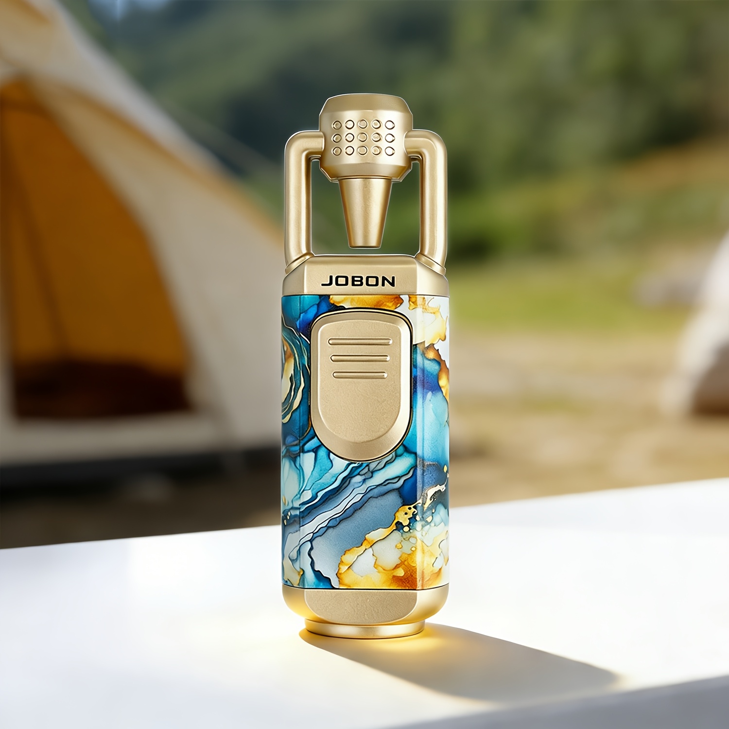 Metal , Artistic Colorful Painting Polished Windproof Blue Flame Jet Lighter With Heat Dissipation And Safety Lock, Made Of Alloy, Easier To Use For Candles (no Butane Fuel)