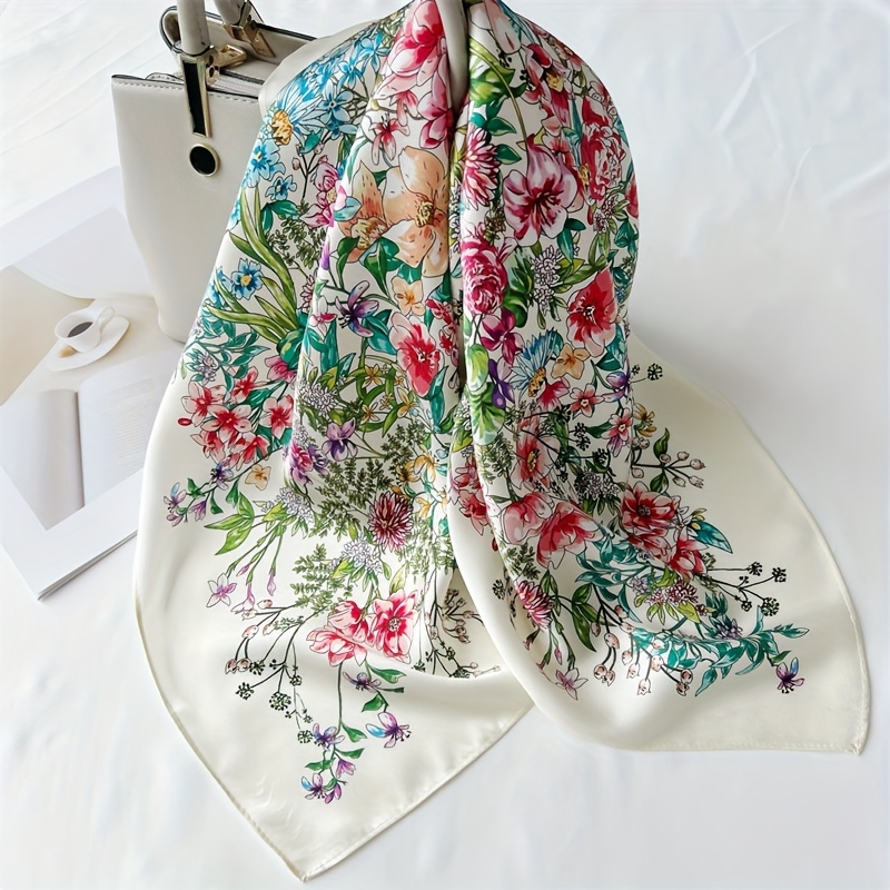 

20.87" Elegant Garden-themed Silk Square Scarf – 100% , Vibrant Floral Print, Lightweight & Luxurious For Evening Wear Or Special Occasions, In White/purple/red/green/blue, Silk Scarf