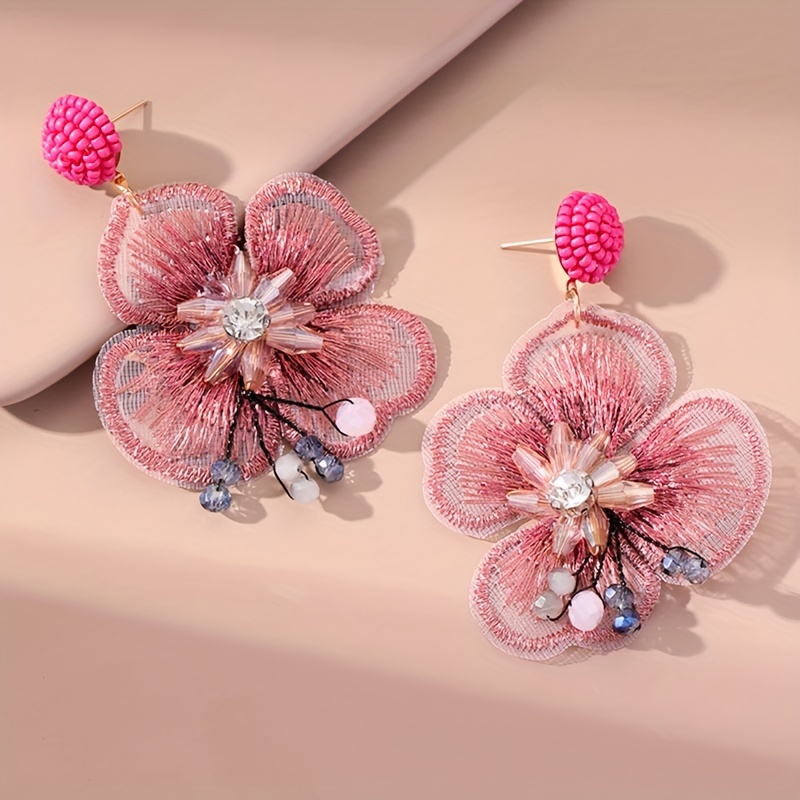 Boho-chic Embroidered Floral Artificial Earrings - Stainless Steel Posts, & Vacation Wear