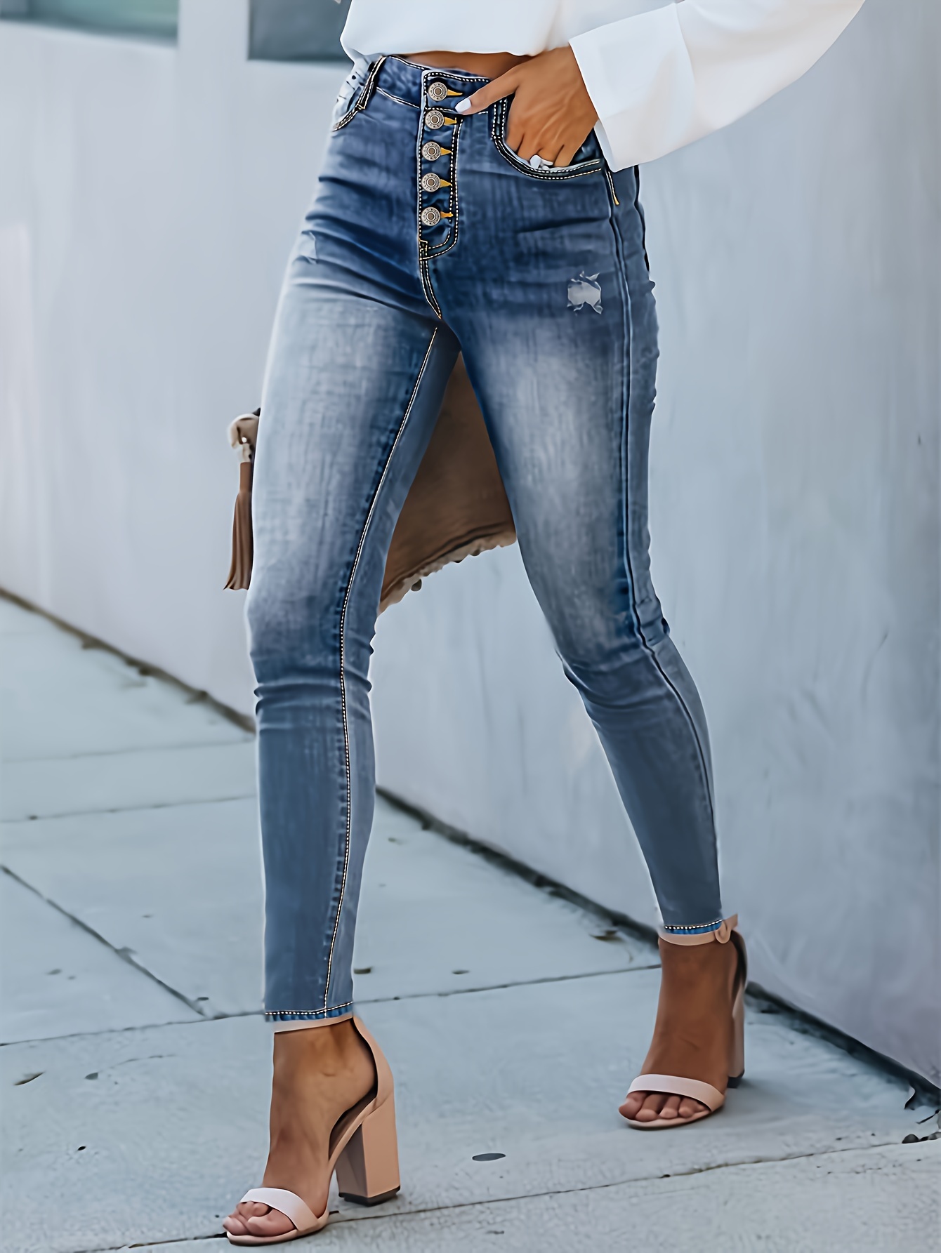 Double Button Ripped Skinny Jeans High Washed Blue - Temu