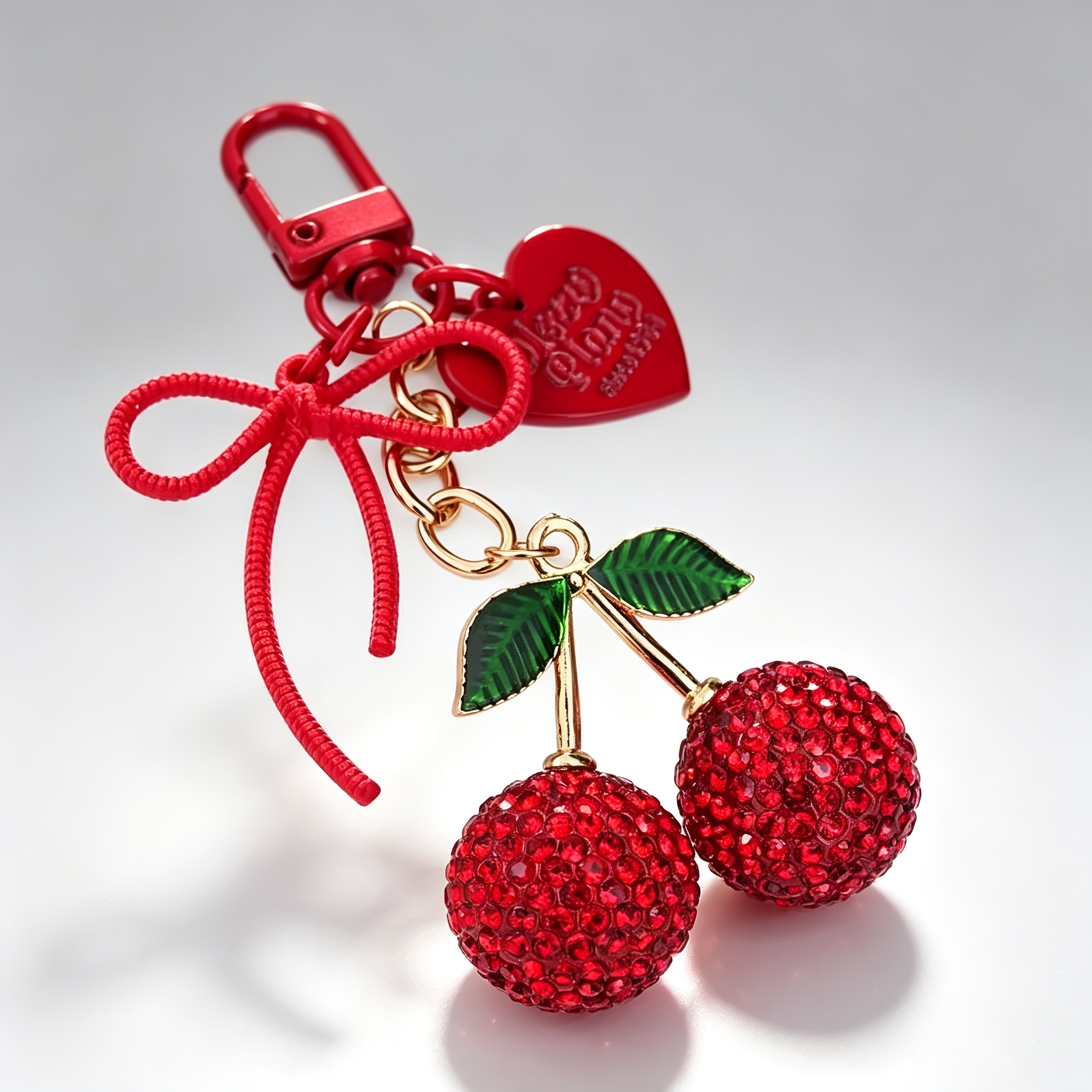 TEMU 1 Large Pink/red Rhinestone Cherry Keychain, With A Sparkling Cherry Pendant With Green Leaves, Corresponding Heart And Bow Ornaments, Alloy