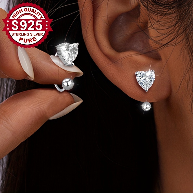 Image of A Pair Of S925 Silver Heart-shaped Bead Earrings With Detachable Beads, Simple And Stylish Earrings Suitable For Women' Wear. Fashionable Spherical Earrings For Women, Hypoallergenic