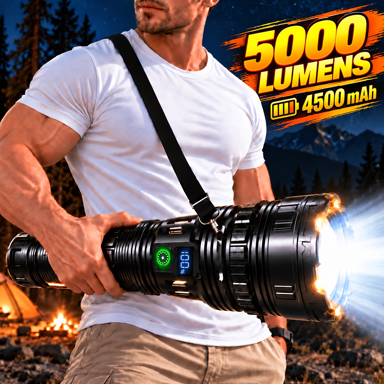 TEMU High Bright Flashlight With Portable Shoulder Strap Built In Large Capacity Battery 4 Lighting Output Usb Charging For Outdoor And Night Work