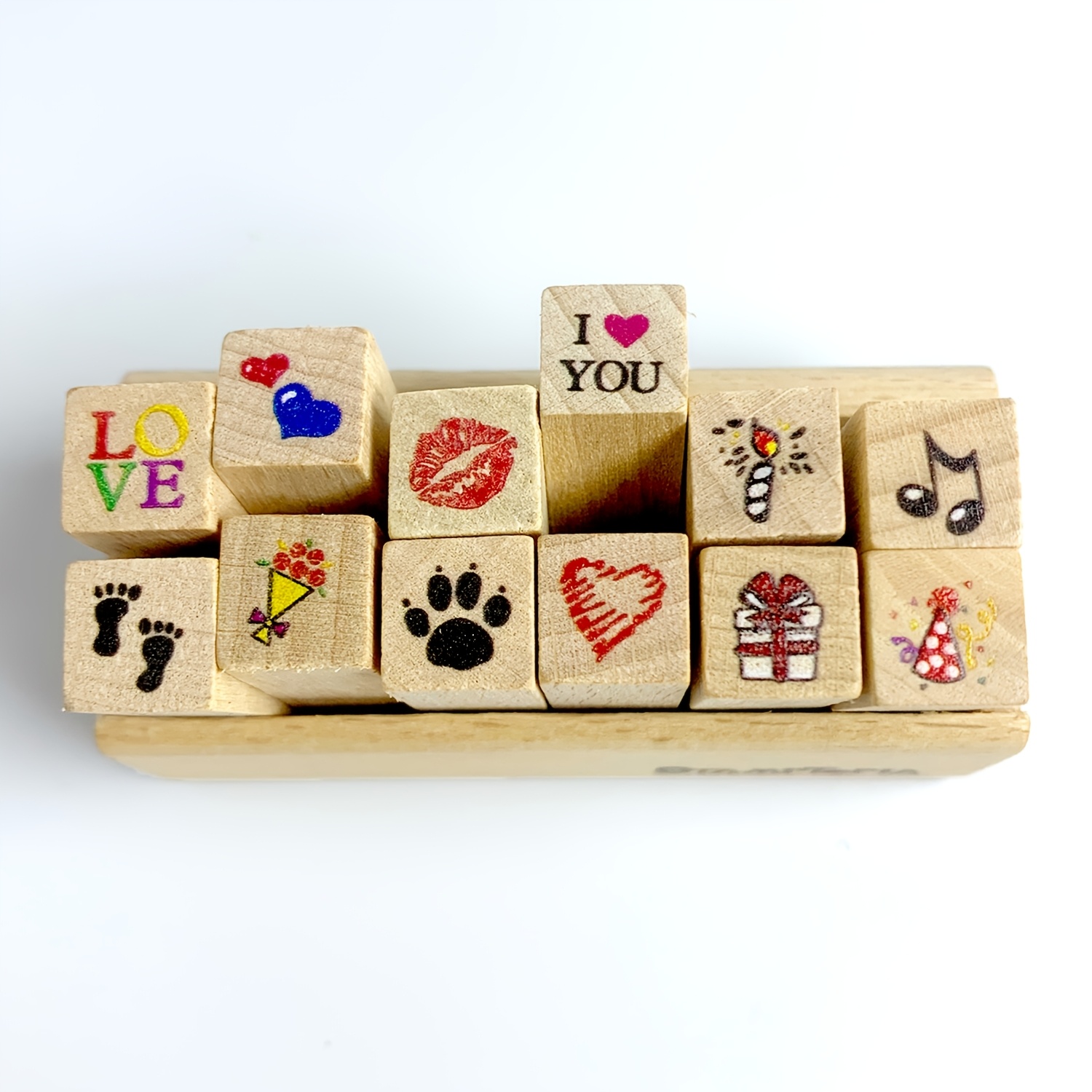 12pcs Wooden Heart Stamps, Ink Pad Not Included, For Crafts, Scrapbooking, Journaling, As Holiday Small Gifts