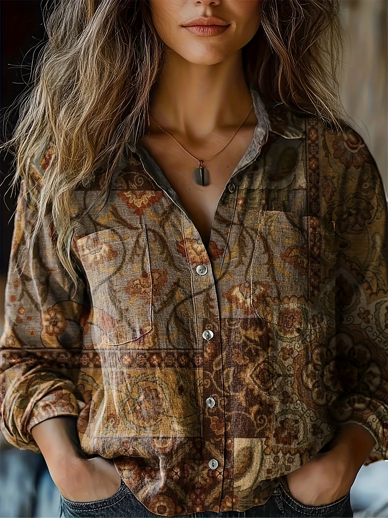トップス vintage blouse HGKPFGTF Women's Vintage Print Shirts Dressy Casual Long