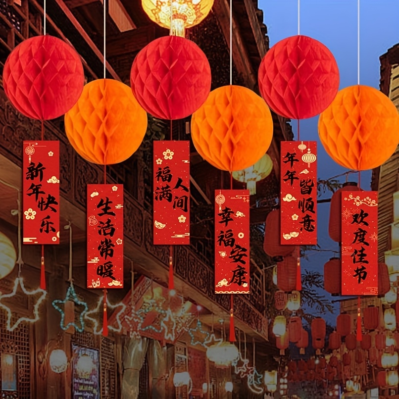 

21pcs Traditional Chinese New Year Decorations, Red Honeycomb Lantern Hanging Ornaments With Wall Stickers, No Electricity Or Battery Needed, Snake Year Wish Cards For Setup