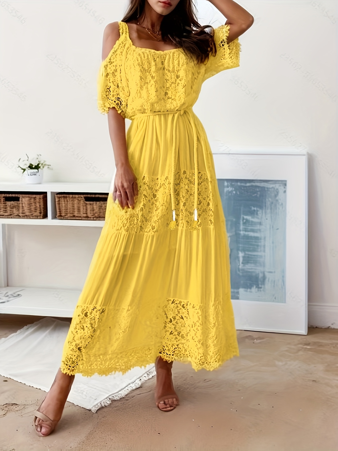 plus size womens yellow lace shoulder maxi dress ruffle Temu