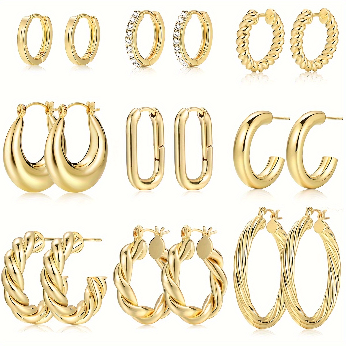 

9 Pairs Golden Hoop Earrings For Women, 14k Gold Plated Lightweight Chunky Twisted Hoop Earrings Set For Gift