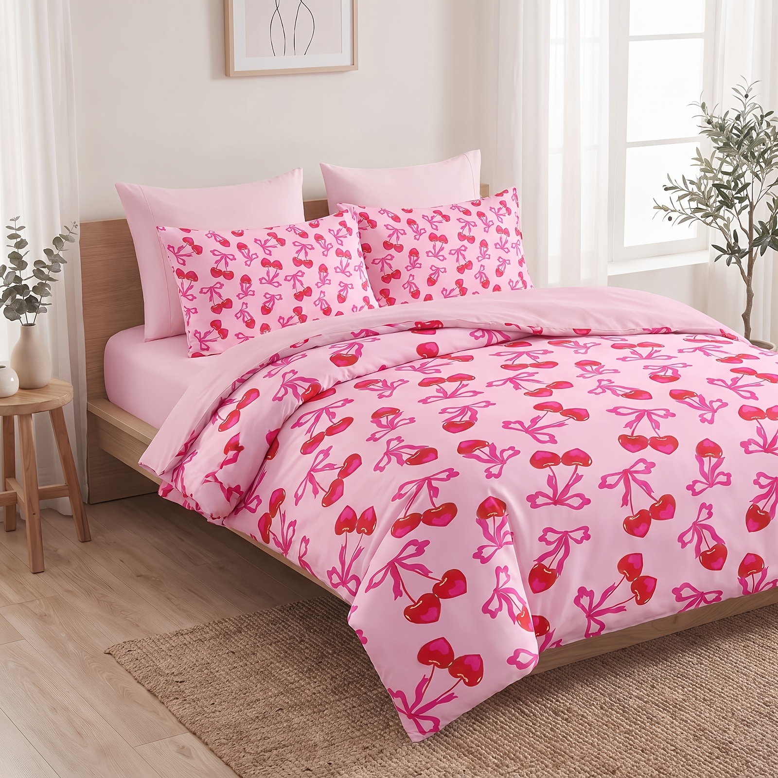 Pink Cherry Duvet Cover Set, Soft Comfortable Bedding With Pillowcase, Cute Down Comforter Cover, No Comforter Needed, Girl Bedroom Decoration