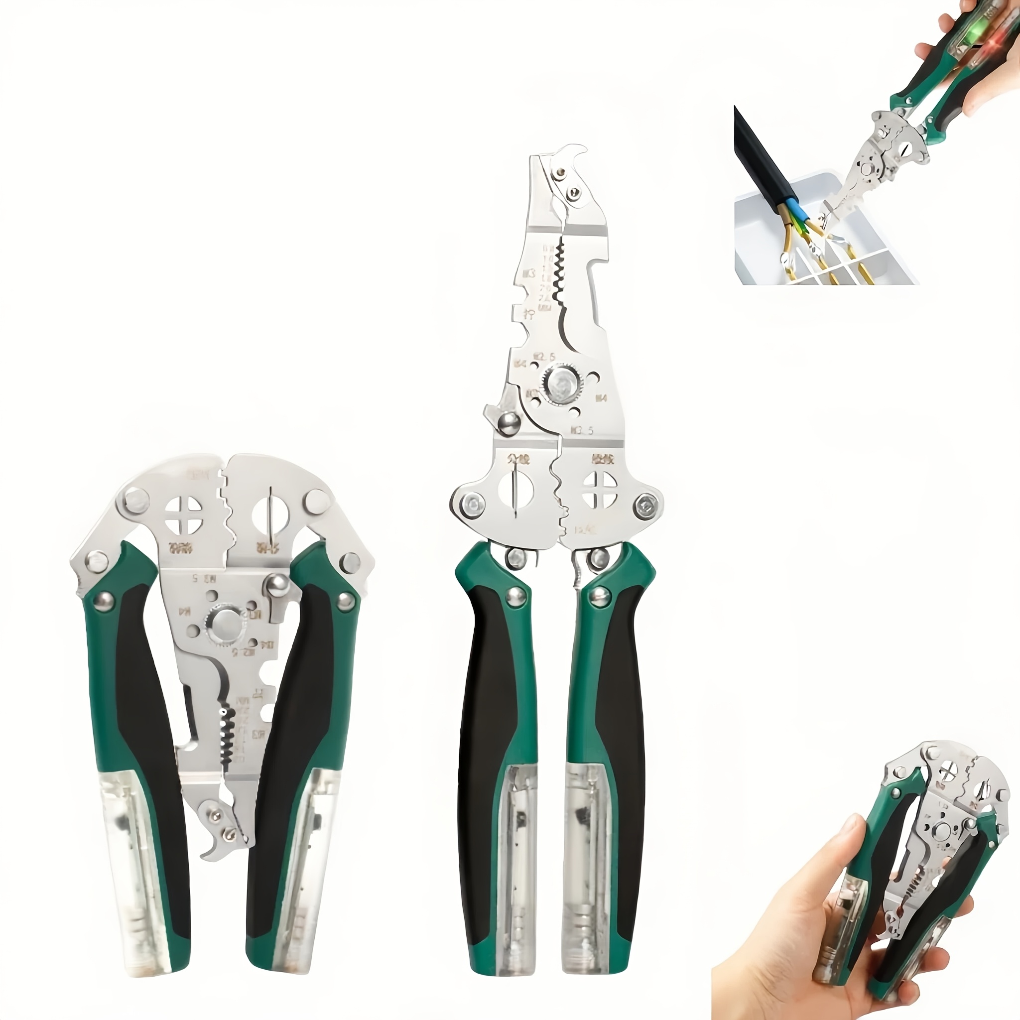 TEMU 10" Heavy Duty 16-in-1 Professional Electrician Multi-tool, Foldable Wire Stripper With Non-contact Voltage Tester, 2 Detachable Test Pens &