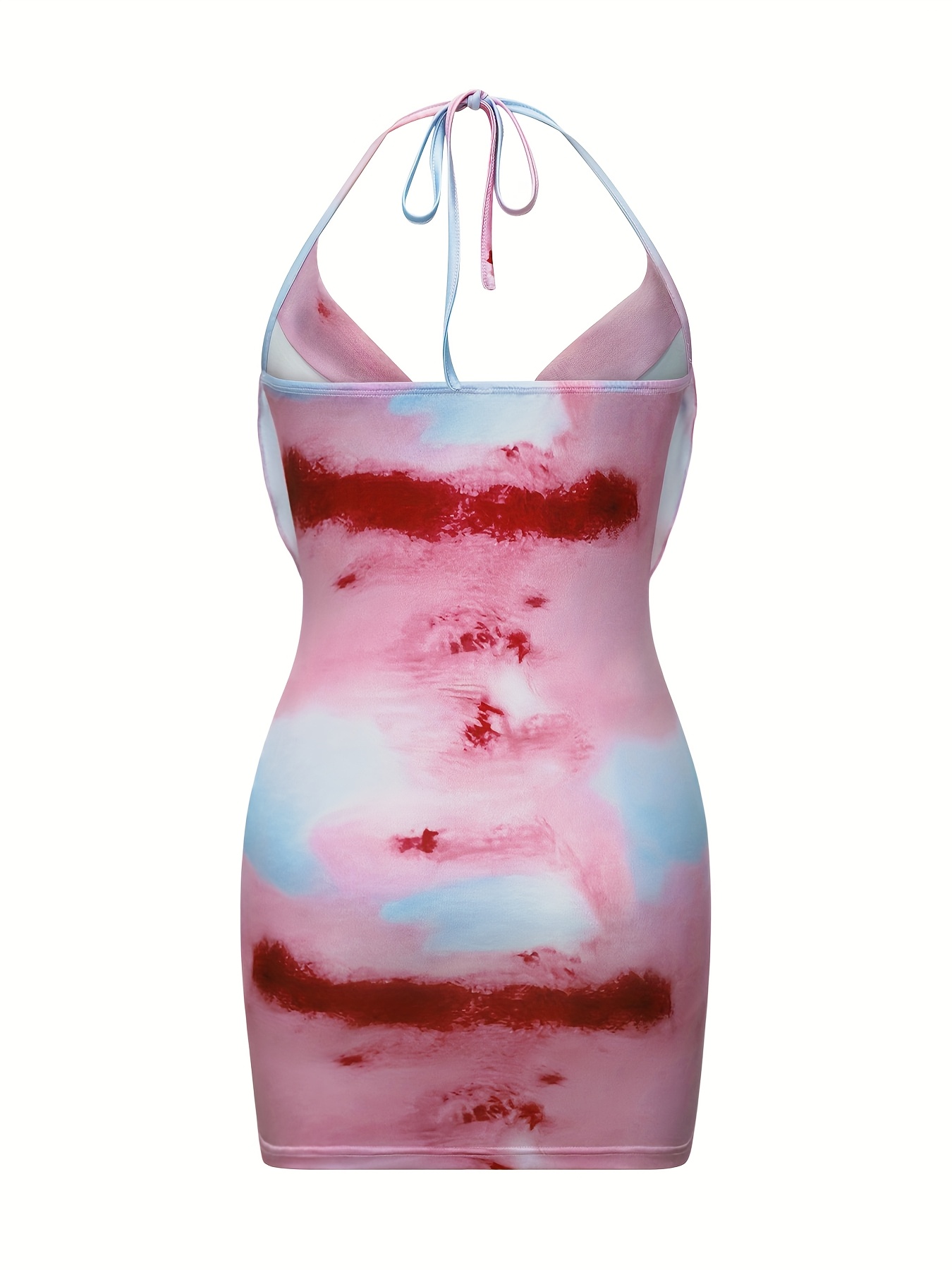 Cross-Border New Women'S Tie-Dye Halter Neck Backless Bodycon Dress, Sexy V-Neck Summer Skin-Friendly Tight Fitting Mini Dress for Adults, Fashionable and Comfortable Everyday Wear