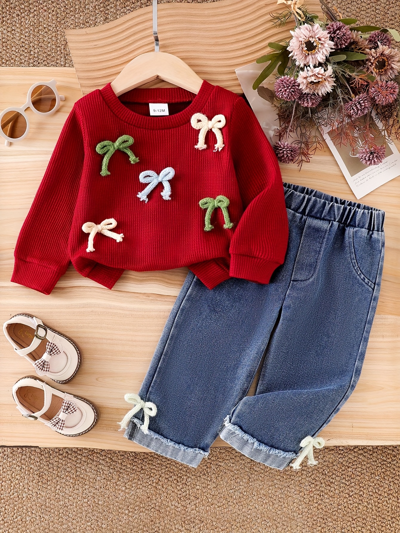 2pcs girls bow fringe bell bottom jeans outfit elastic waist long sleeve t shirts denim pants   casual wear 2pcs matching set for girls 2pcs ensemble   outdoor Product details 1