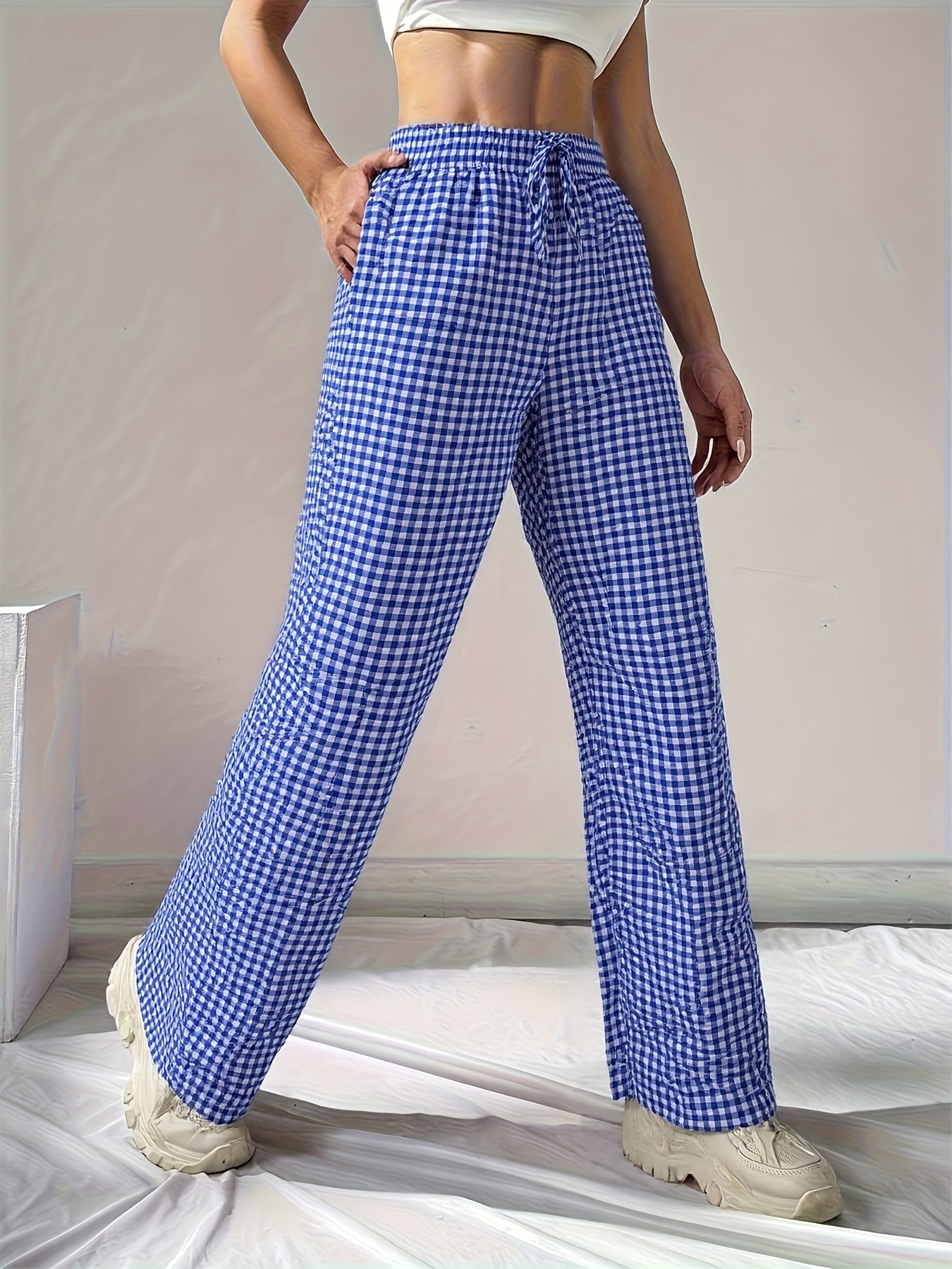 womens red white gingham check wide leg casual pants elastic - Temu