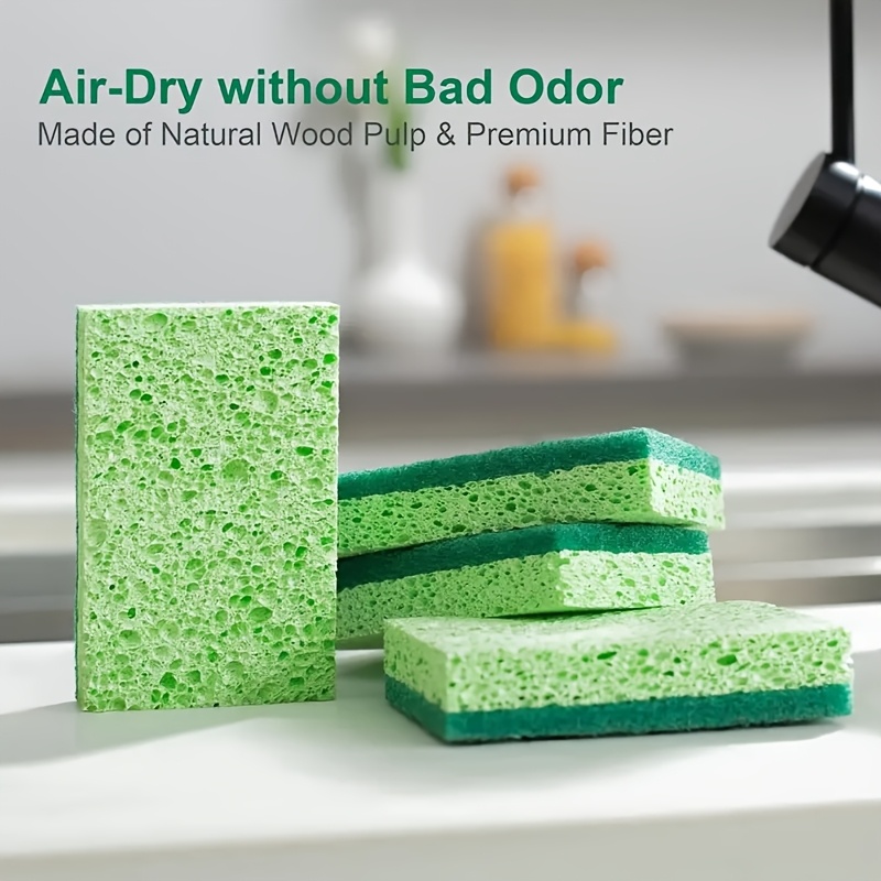 Wood Pulp Fiber Dual-Layer Kitchen Sponges - 5/10 Pack Multi-Purpose Scrub Sponges for Household Cleaning, Non-Scratch & Highly Absorbent Dishwashing Pads for Living Room, Bathroom, Toilet & Kitchen Use