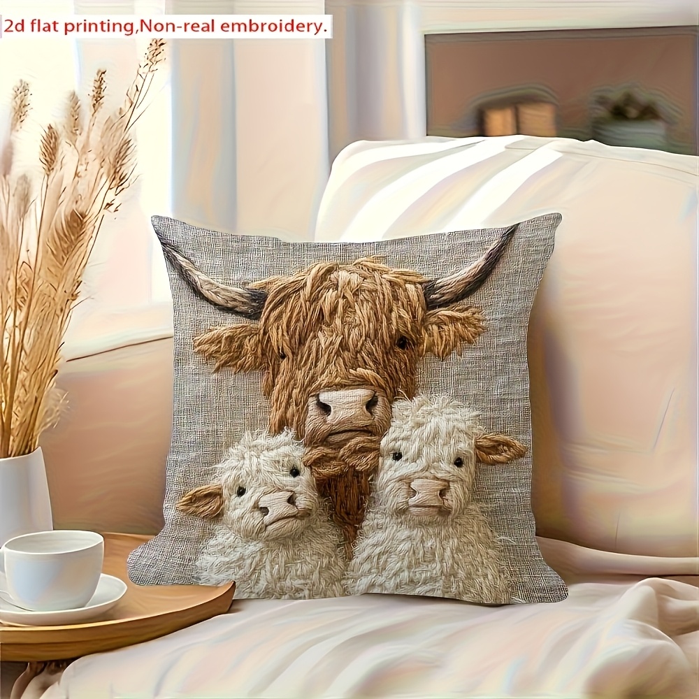 TEMU 2d Flat Design, 1 Highland Cow Family Single-sided Printed Pillowcase - Soft Polyester Fabric, Vintage Style Decorative Cushion Cover For Living