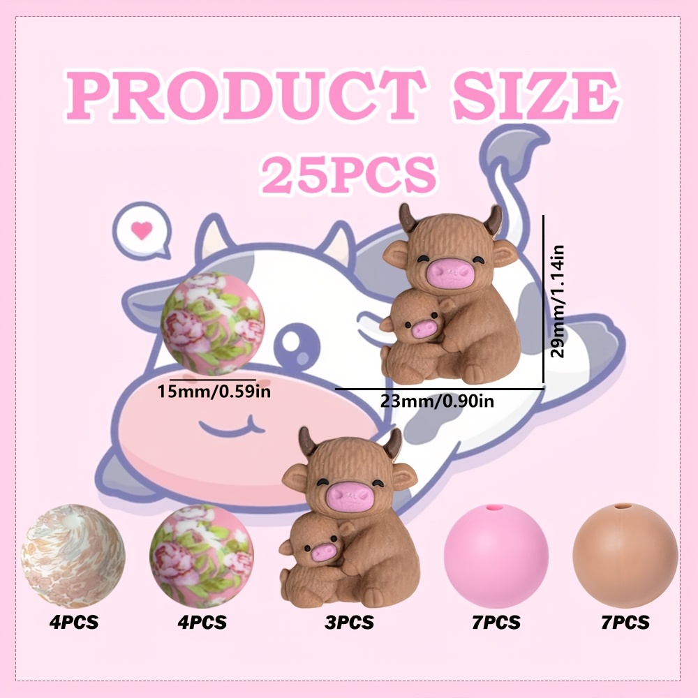 TEMU 25pcs 3d Cow-shaped Silicone Beads, Mother Cow Holding Calf, With Petal-print Design In Pink And Brown, Round Loose Beads For Making Earrings,