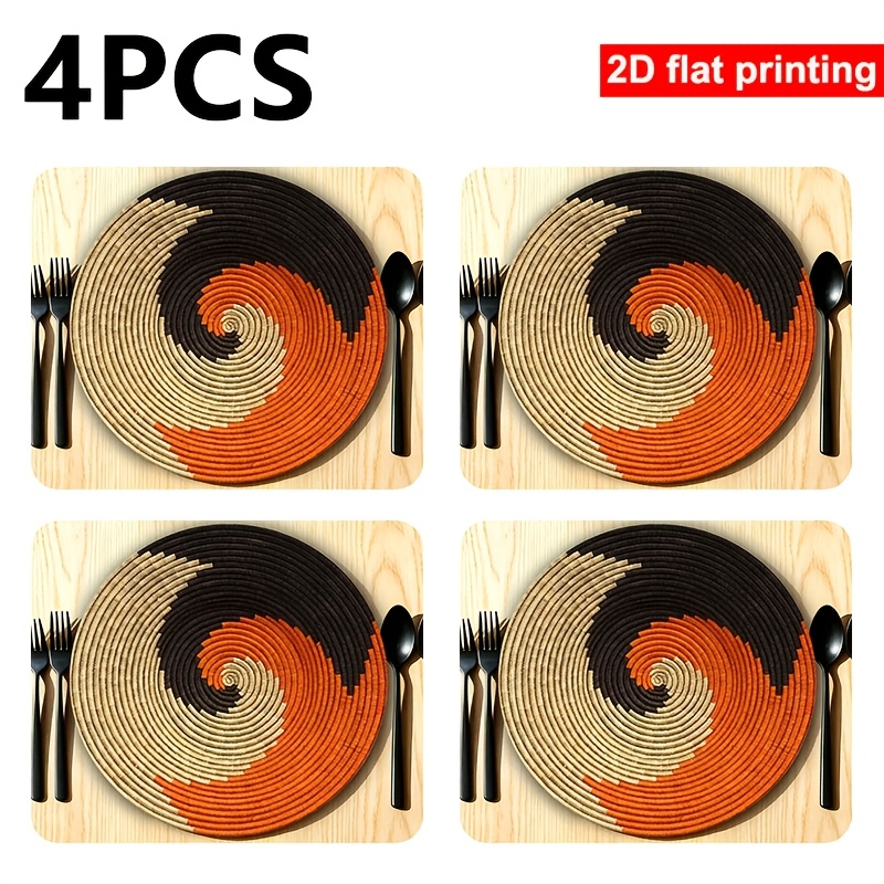 TEMU 4pcs Round Placemats, Bohemian African Swirl Weave 2d Flat Printed Placemats, Orange -white Spiral Pattern, Country Farmhouse Style Table Decor,