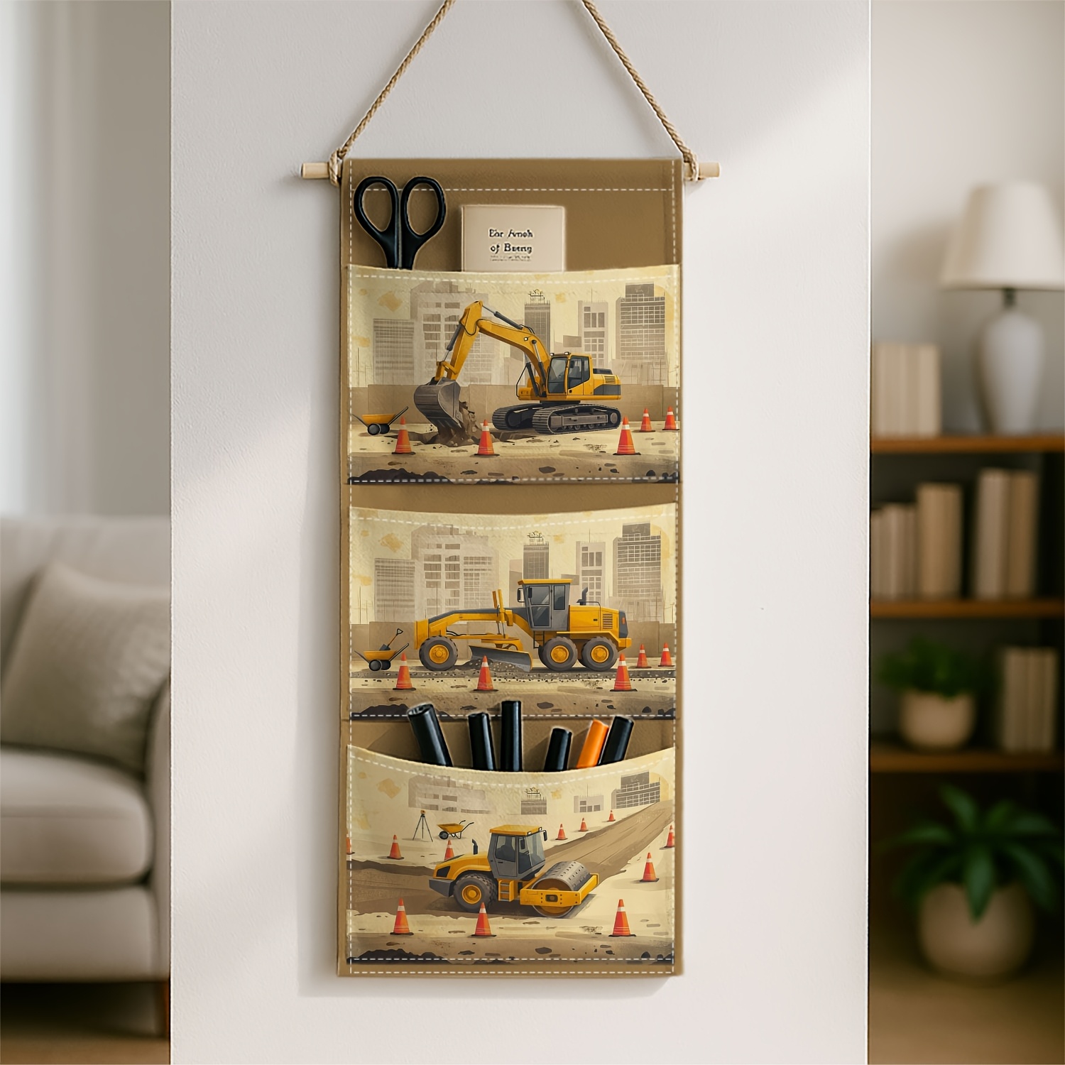 TEMU 1pc Contemporary Industrial Urban- Classic Wall-mounted Storage Bag For The Bedside, Excavator Bulldozer Roller- Suitable For Hanging Shelves