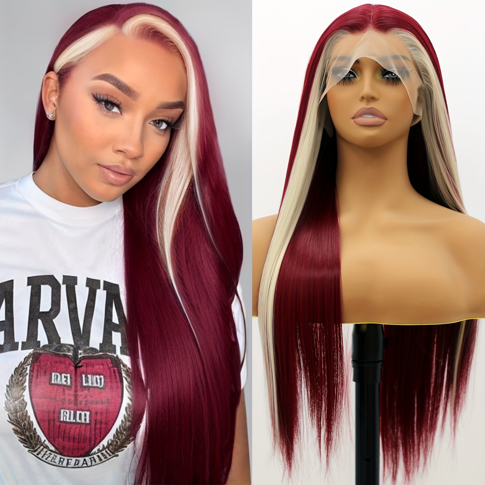 

Long Wavy Red With Blonde Wig Burgundy Mixed Blonde Skunk Stripe Wigs Lace Front Wig Synthetic Heat Resistant Fiber Wig For Women Daily Party Cosplay Use (24 Inch)