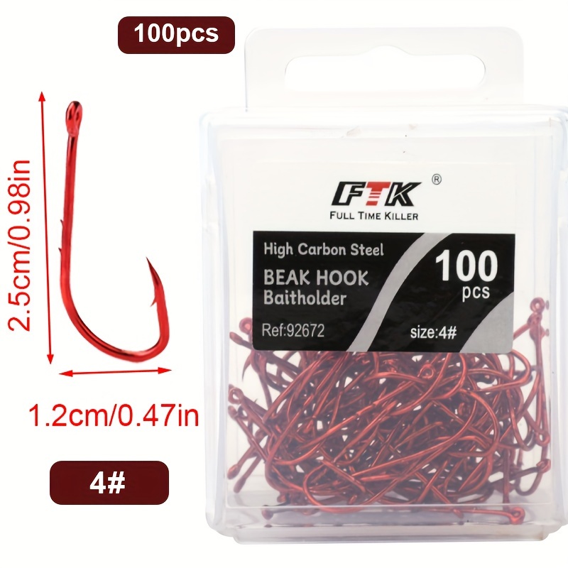 50/100pcs 10 Sizes 1#-4/0# Offset Bait Holder Fishing Hook Shank Beak Bait Holder Hook Offset With 2 Bait Clips Fishing Hook Red