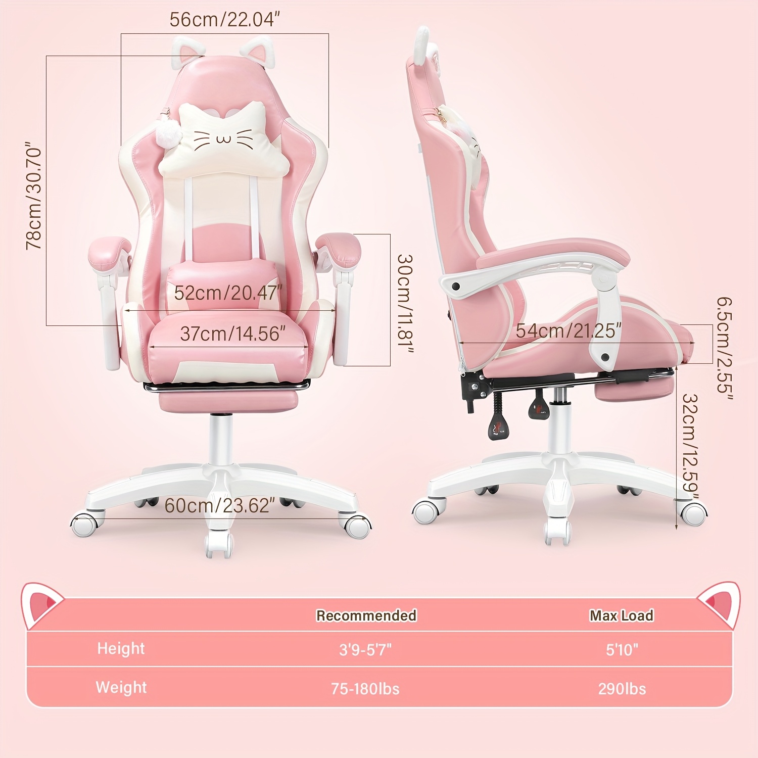 TEMU Gaming Chair Cute With Cat Ears And Lumbar Support, Ergonomic Computer Chair For Girl With Footrest And Headrest, Comfortable Reclining Game