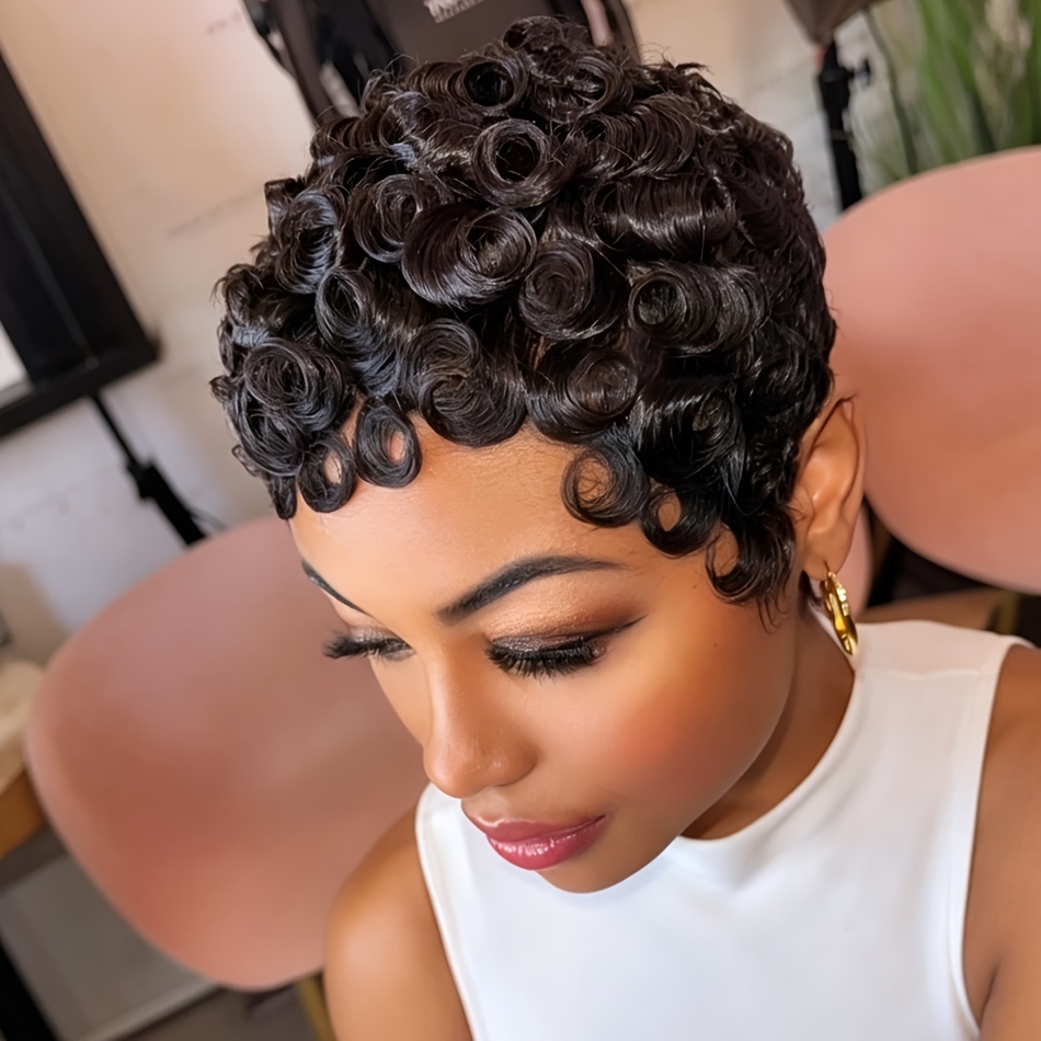 TEMU Elegant Short Cut Full Curly Wave Wig Loose Curly Human Hair Wigs For Women Bouncy Curly 180% Density Brazilian Hair Natural For Daily Wear &
