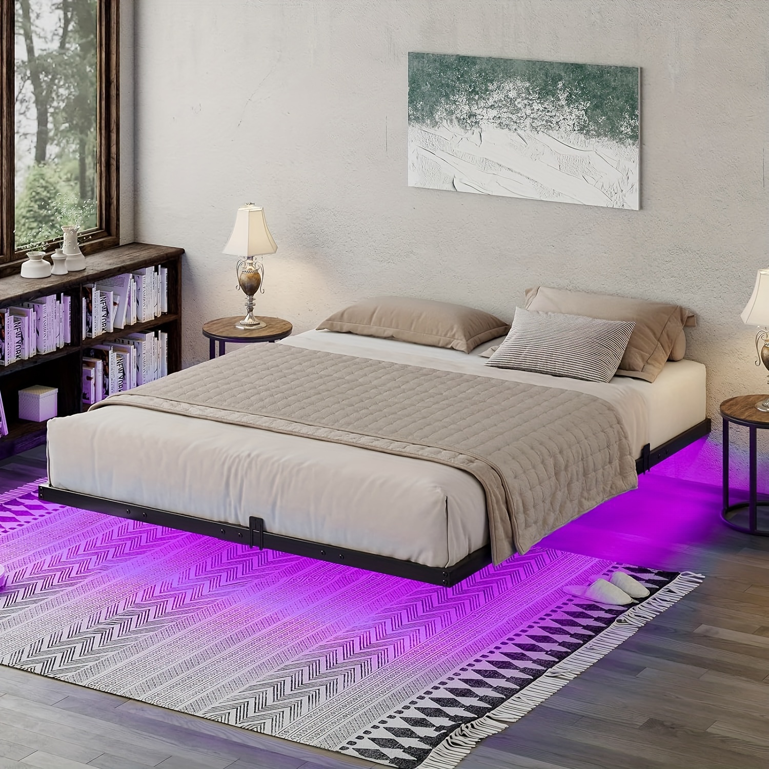 

Floating Platform Bed Frame With Rgbw Led Light, Modern Metal Platform Bed With Steel Slat Support