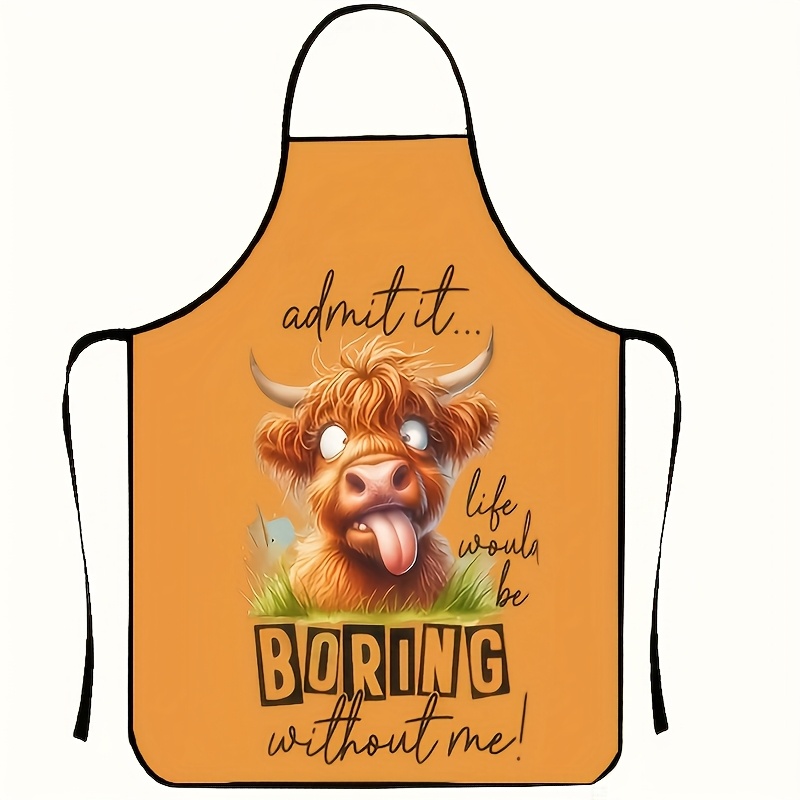 

1pc Highland Cow Pattern Apron, Creative Fashion Cow Print Apron, Cartoon Cooking Bib Apron, Kitchen Home Large Size Apron