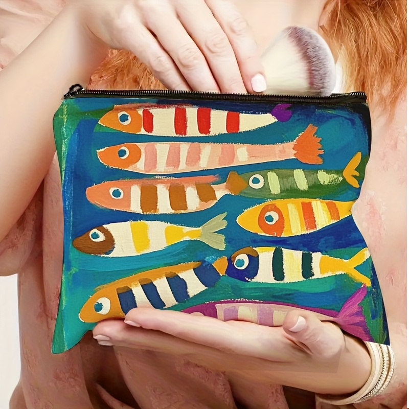 TEMU 1pc Colorful Striped Fish Pattern Makeup Bag - Stylish Portable Storage Pouch, Multifunctional Coin Purse, And Durable Clutch With Zipper Closure, Beige Braided Fabric, Travel Or