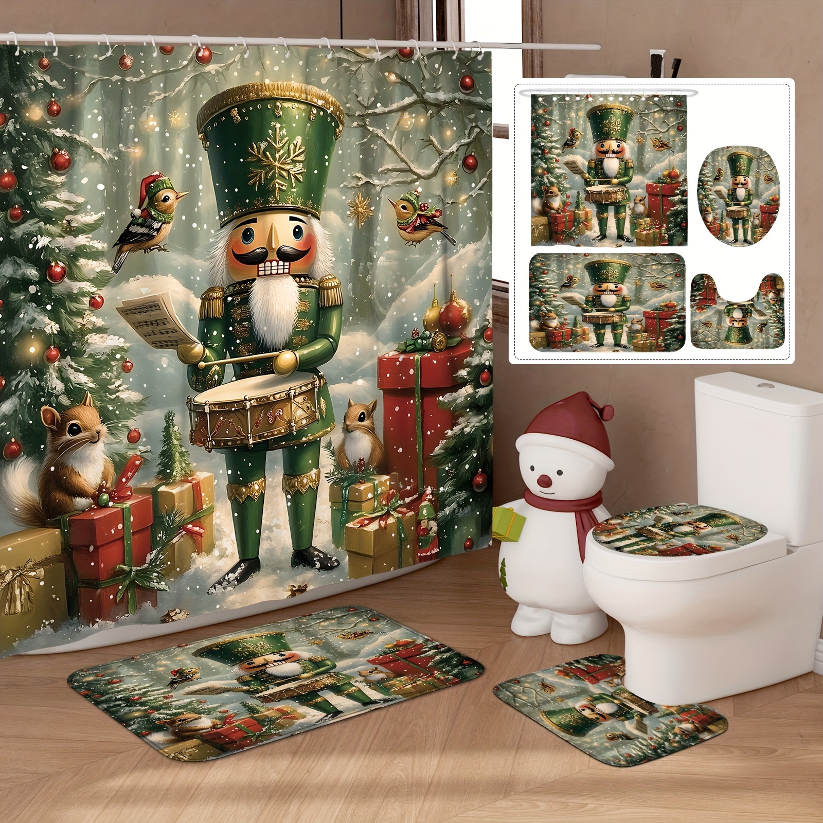 

Festive Nutcracker Shower Curtain Set: Includes 1/4pcs, 12 Hooks, Non-slip Bath Mat, U-shaped Toilet Lid Cover, And Washable Polyester Curtain For Decor