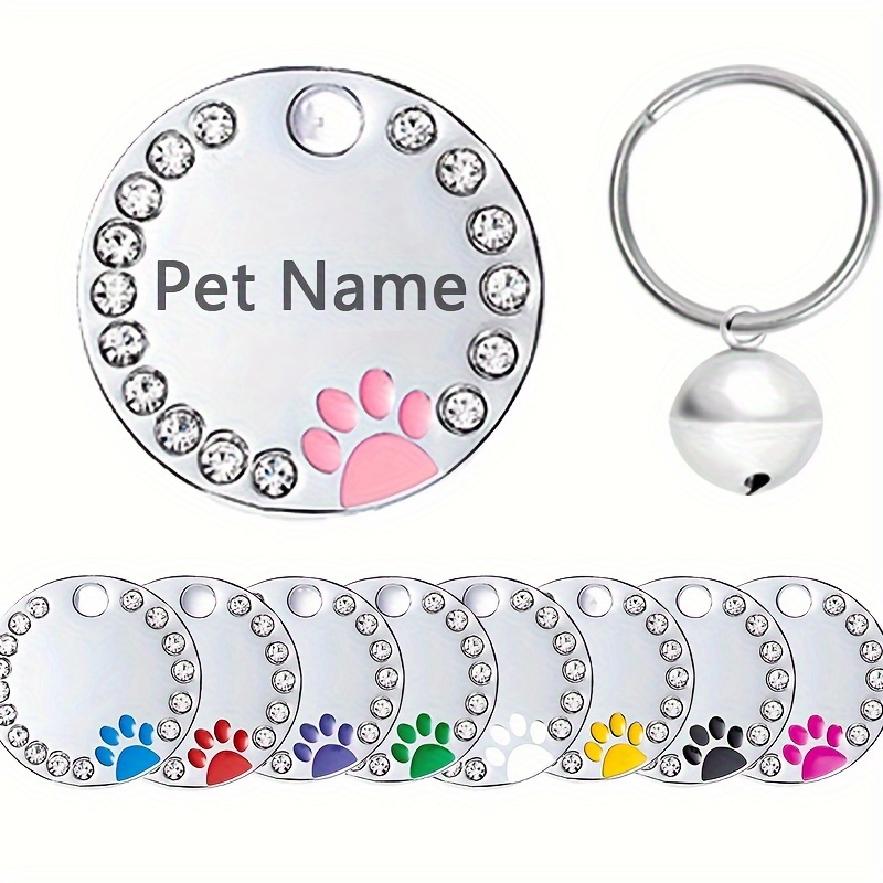 

[custom] Engraved Pet Id Tag With Bell, Rhinestone Studded Alloy Round Pendant, Personalized Dog Cat Collar Charm, Sparkling Paw Dangling Accessory, Perfect Gift For Pets