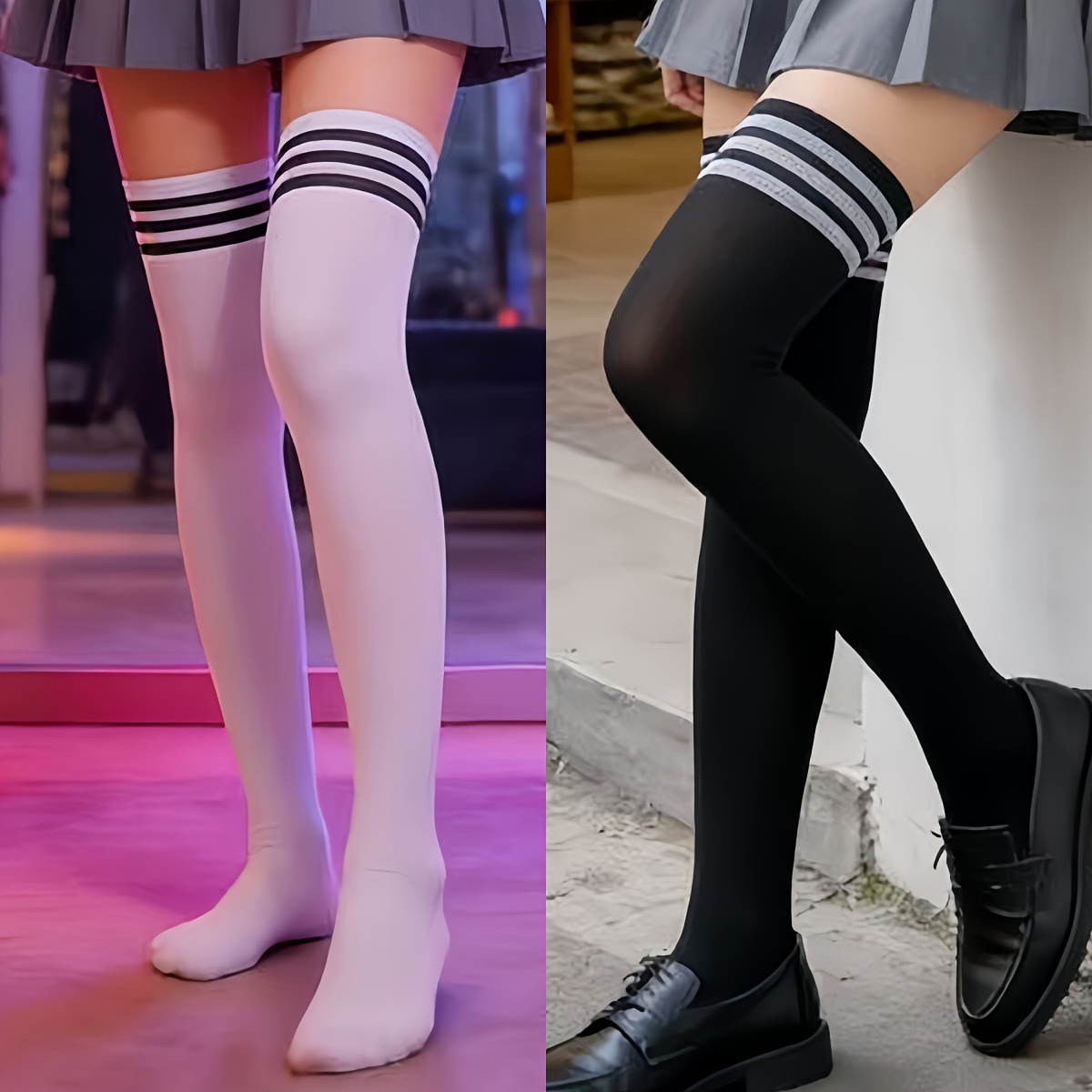 TEMU Two-pack / Women's Preppy Style Set / Three-stripe Over-the-knee Socks For A And , Layered Combination Set Of Over-the-knee Socks