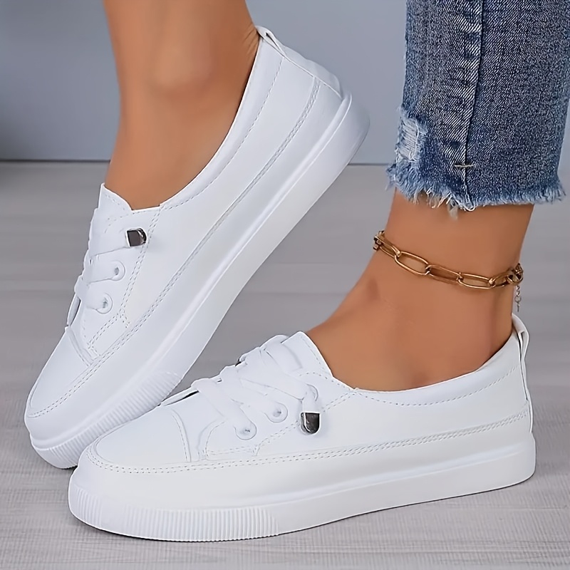 2025 New Women's Slip-on Sneakers With Colorful Metal + Tongue Letter Logo Lightweight Breathable Flat White Shoes Spring Summer Casual Shoes No Lace Design, Women Shoes