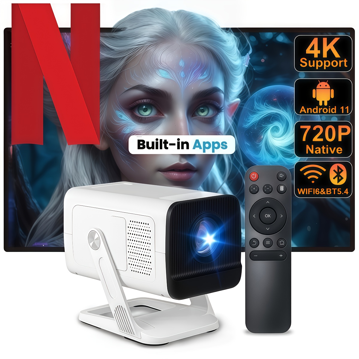 Image of [0.8:1 Short Throw] 4k Support 11 Projector With Wifi 6 And Bt 5.2 | 410 Ansi, Local 720p Auto Keystone Portable Smart Projector For Home Theater Movie, Indoor & Bedroom, White
