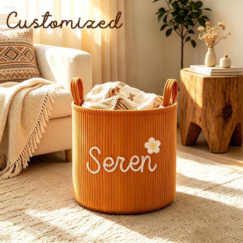 Personalized Name Corduroy Storage Basket with Carry Handle, Large Capacity