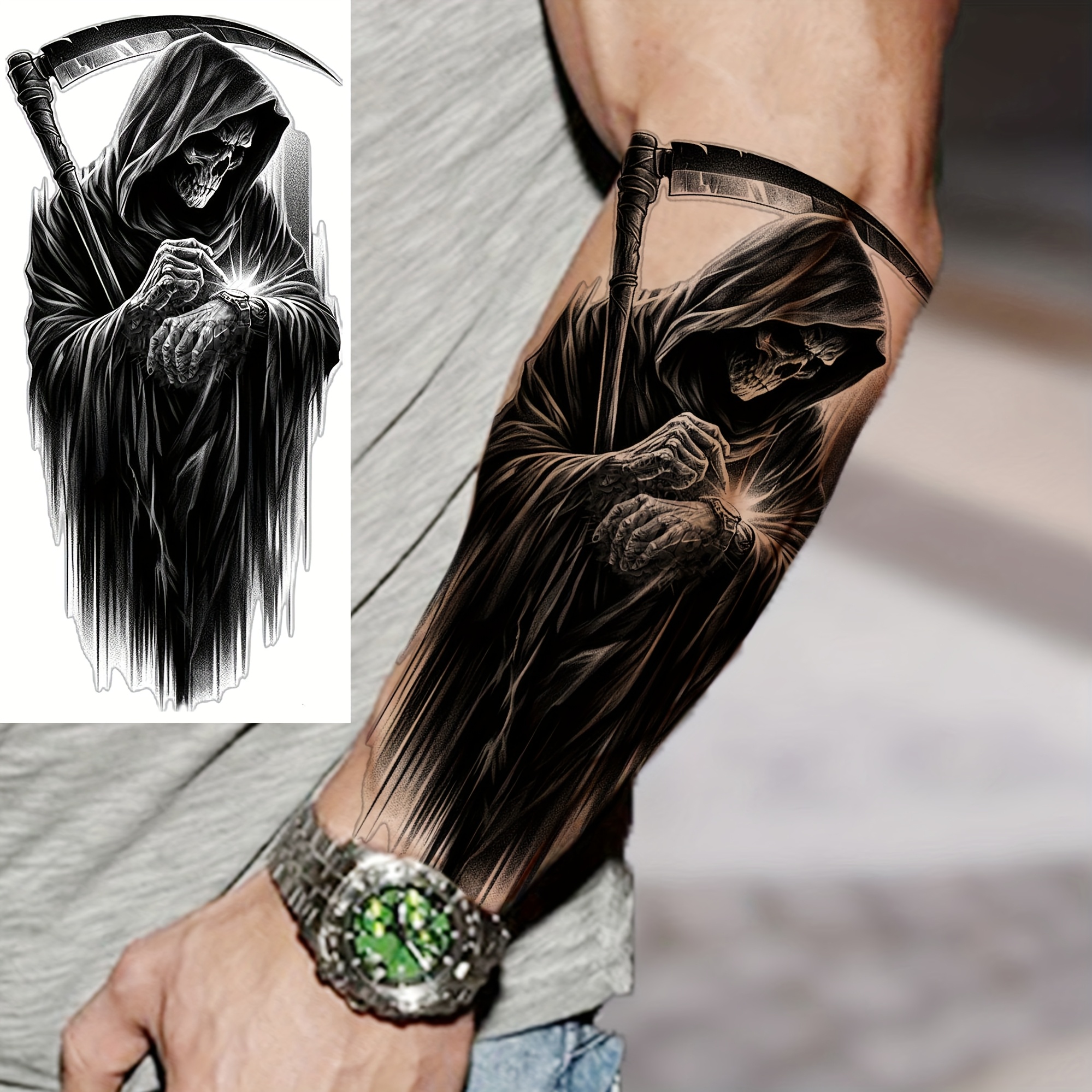 1 Sheet Death God Halloween Skeleton Vampire Devil Zombie Temporary Tattoos For Men Women Adults Half Sleeve Legs Shank Forearm Arm Thigh, Stickers Long Lasting Waterproof Realistic Temp Fake Tattoo