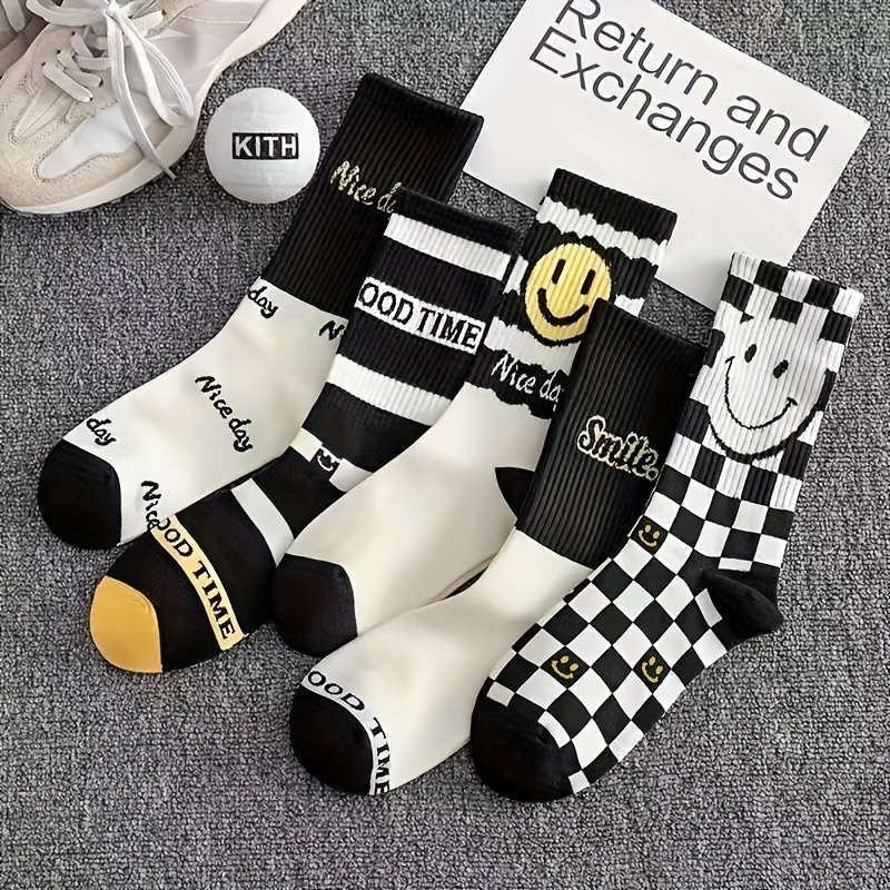 

5 Pairs Cartoon Face & Checkered Sockc, Sports & Novelty Unisex Mid Tube Socks, Women's Stockings & Hosiery