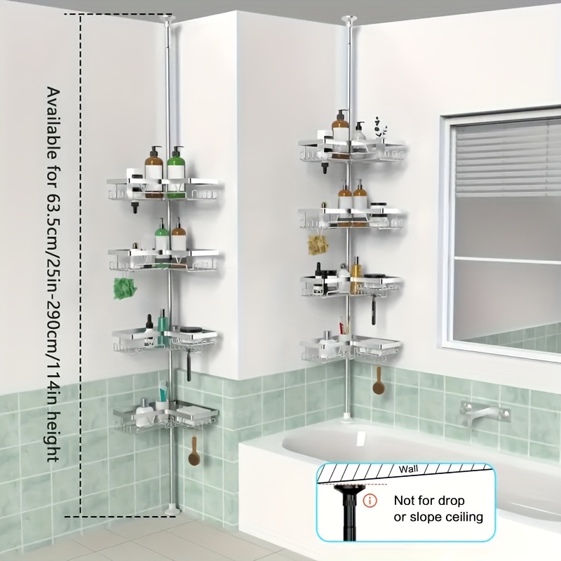 E-shop Edelstahl Verstellbare Badezimmer-Eckregal, 4-stufige Rostfreie Duschhalterung mit Haken und Seifenschale, geeignet für Badewanne/Duschräume